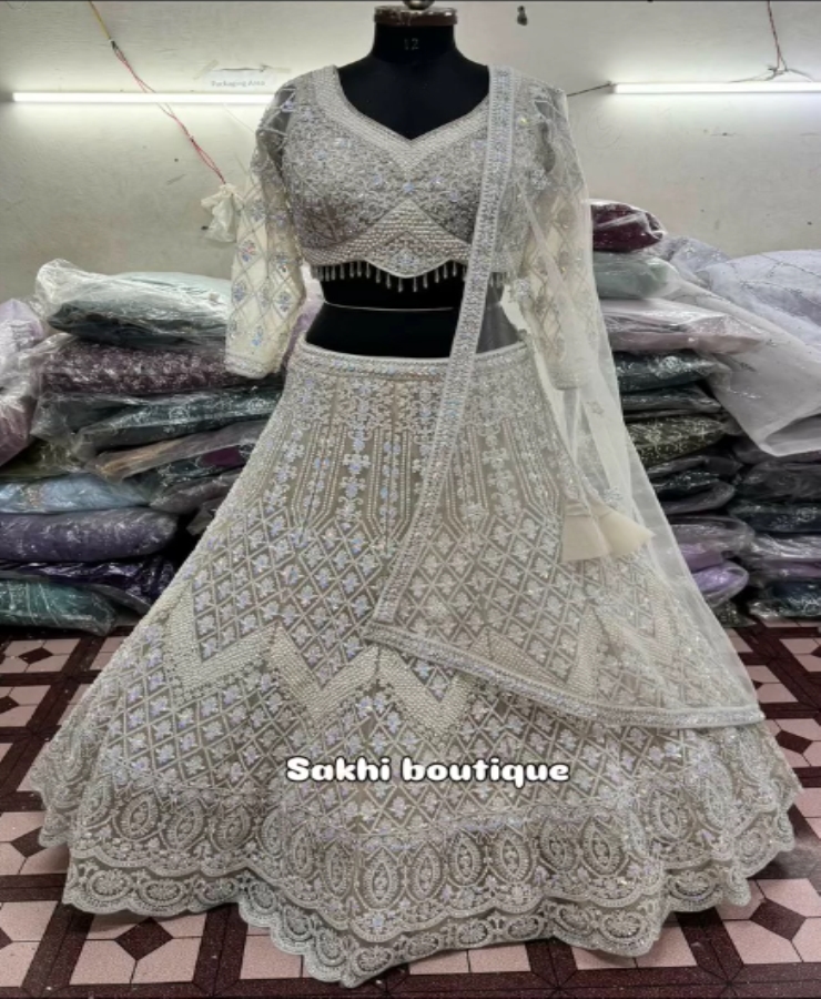 Off white havy pearl lahanga full sleeves lahanga zikzak work