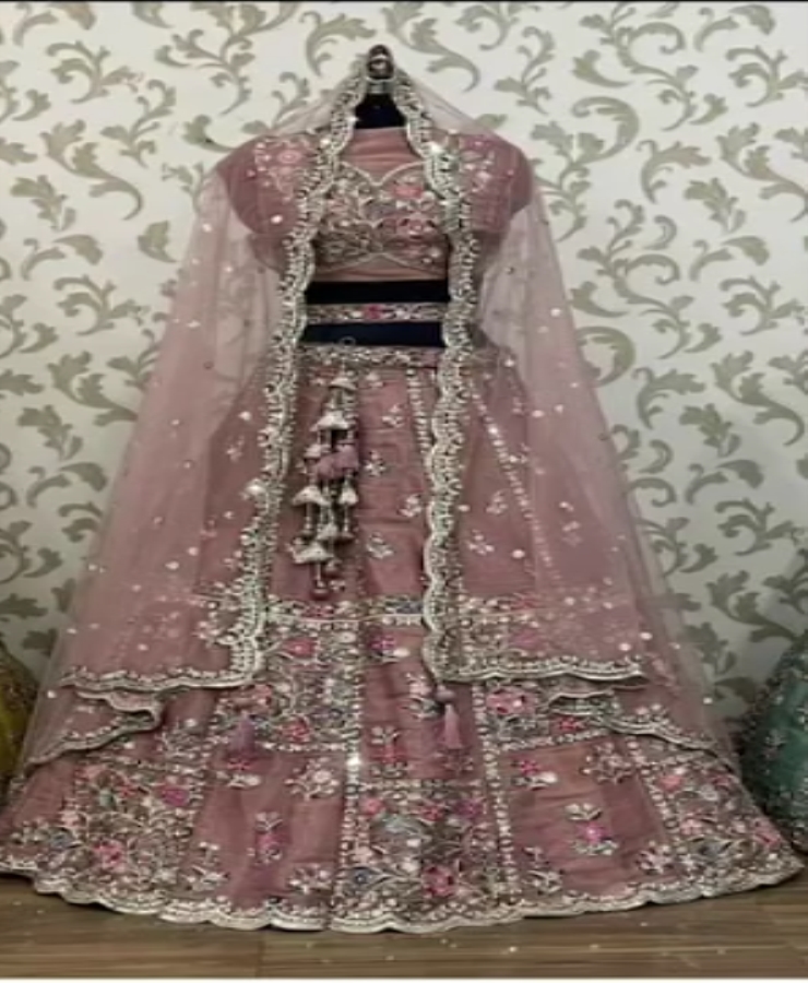 Rose pink silk lahanga net duppata