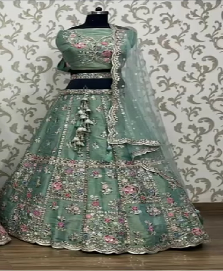 Green silk old lahanga net duppata