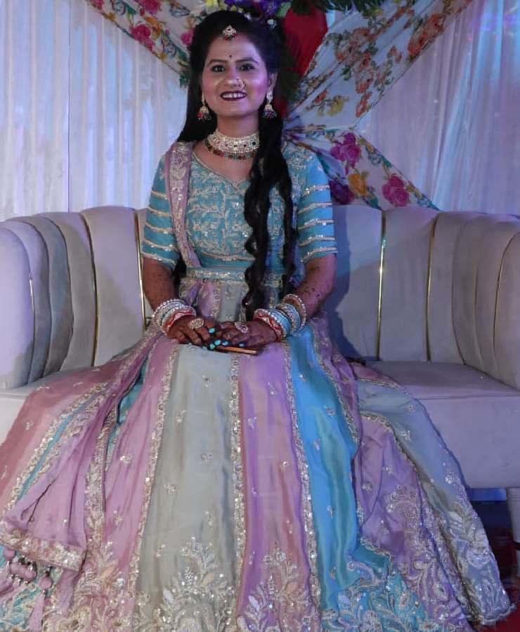 Multi lahanga sky blue blouse levander pure duppata