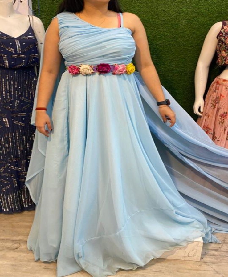 Sky blue georgette tail gown attache duppata