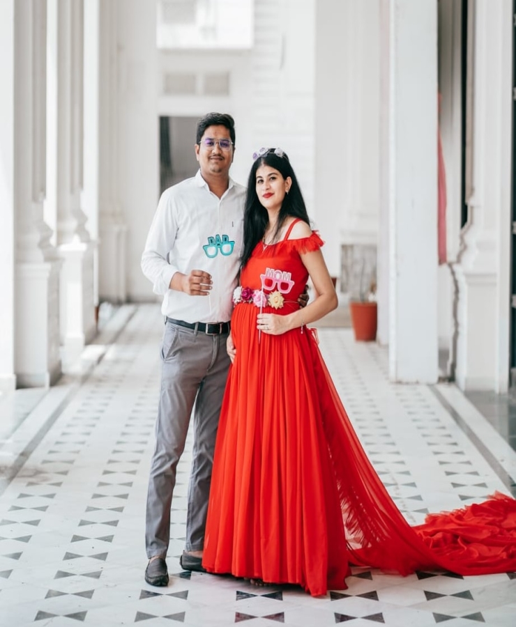 Red georgette off shoulder tail gown