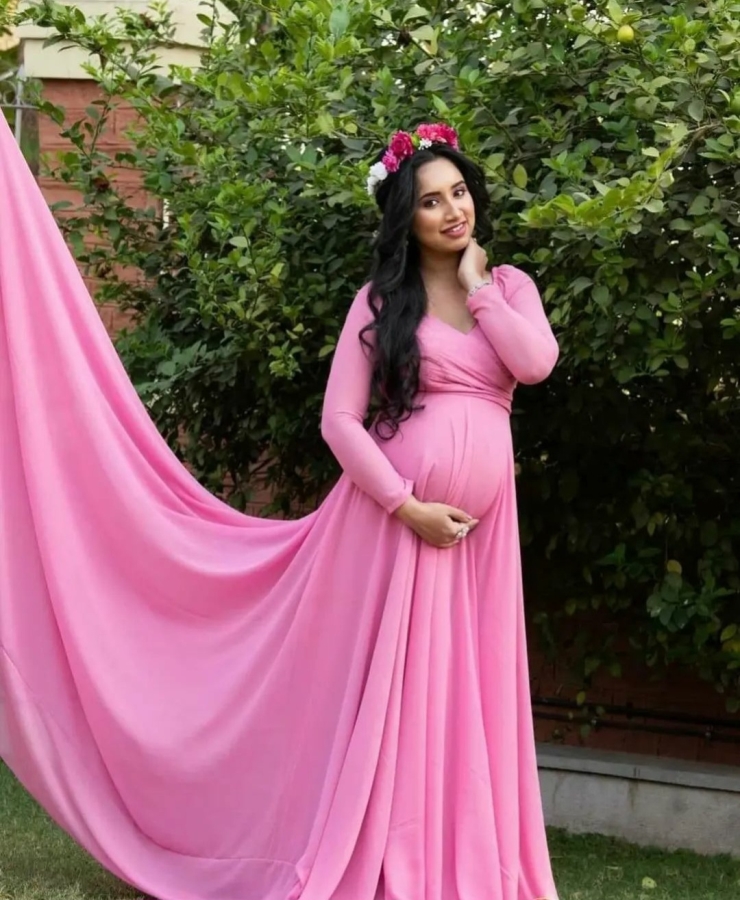 Baby pink tail gown full sleeves