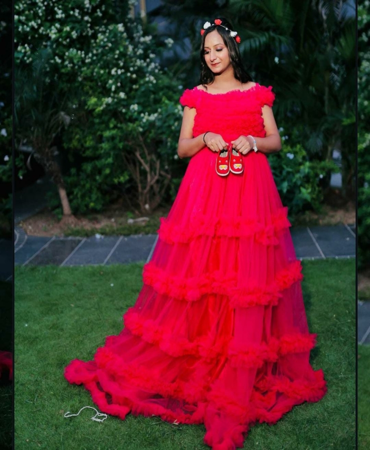 Cherry red long frill net gown off shoulder